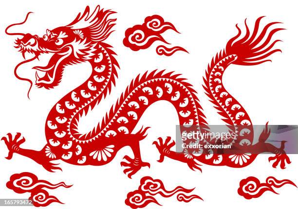 chinesischer drache kunst papier-schnitt - drachen stock-grafiken, -clipart, -cartoons und -symbole