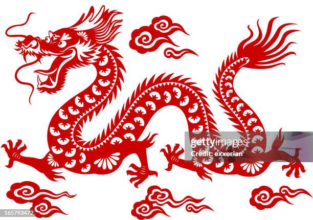 chinese dragon paper-cut art - kung hei fat choi stock illustrations