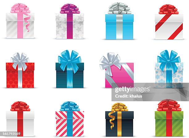several brightly wrapped gift boxes with ribbon - red christmas bows stock illustrations
