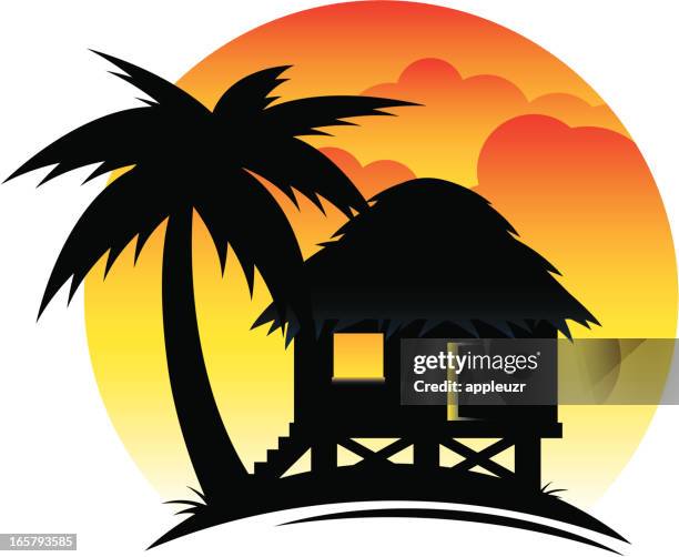 illustrations, cliparts, dessins animés et icônes de cabine tropicale au coucher du soleil - cabine de plage