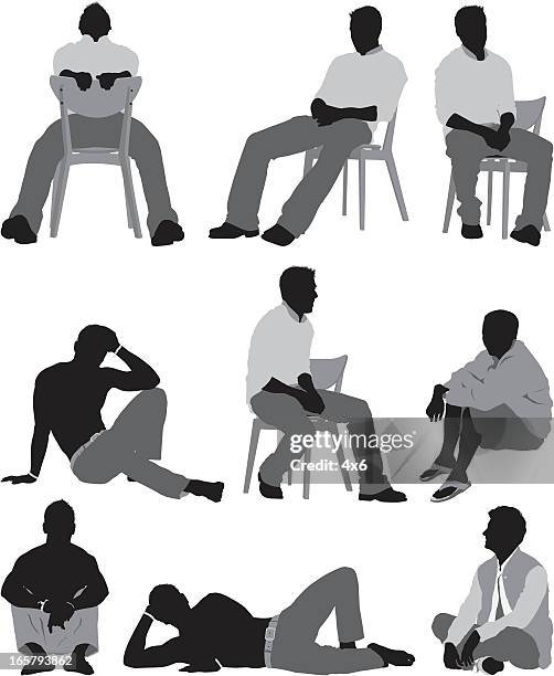 mann sitzt in verschiedenen posen - lehnend stock-grafiken, -clipart, -cartoons und -symbole