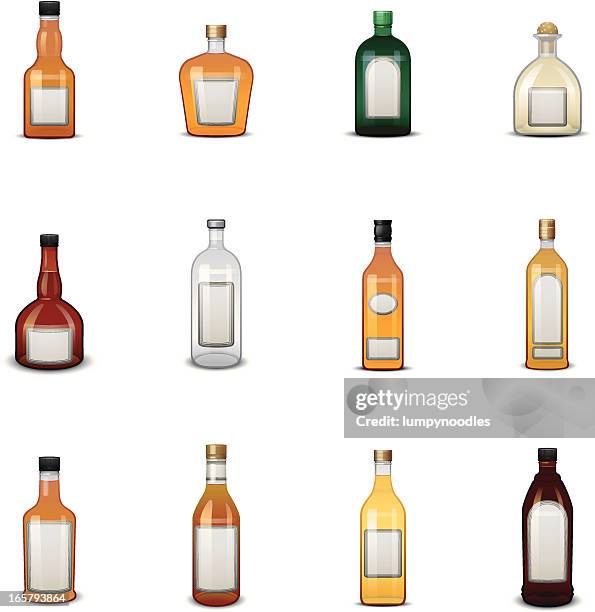 alkohol flasche symbole mit label - alkoholisches getränk stock-grafiken, -clipart, -cartoons und -symbole