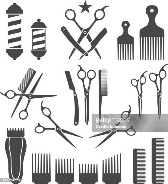 ilustrações de stock, clip art, desenhos animados e ícones de barbeiro ferramentas para margem preto e branco vector conjunto de ícones - barbeiro