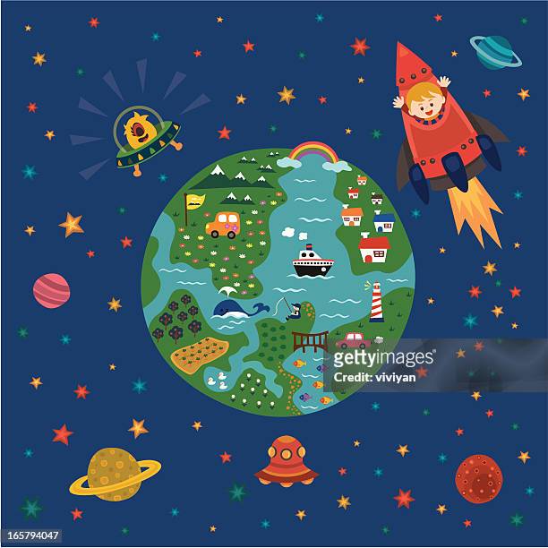 stockillustraties, clipart, cartoons en iconen met children explorer love  space and world - science et technologie