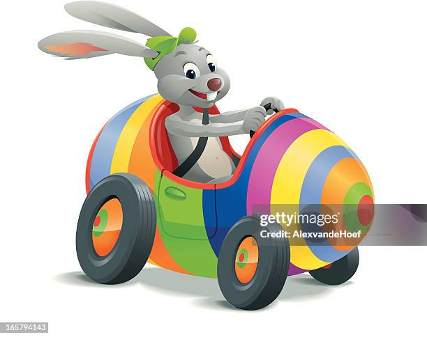 easter bunny in egg car - cheesy grin stock illustrations