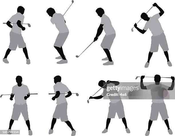 multiple images of a man playing golf - golf club stock illustrations