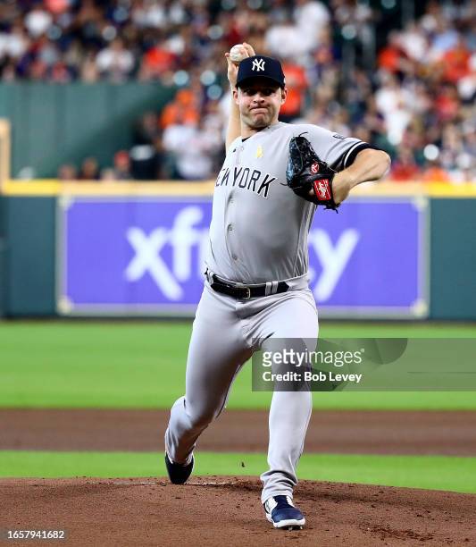 Michael King of the New York Yankees pitches in the first inning against the Houston Astros at Minute Maid Park on September 03, 2023 in Houston,...