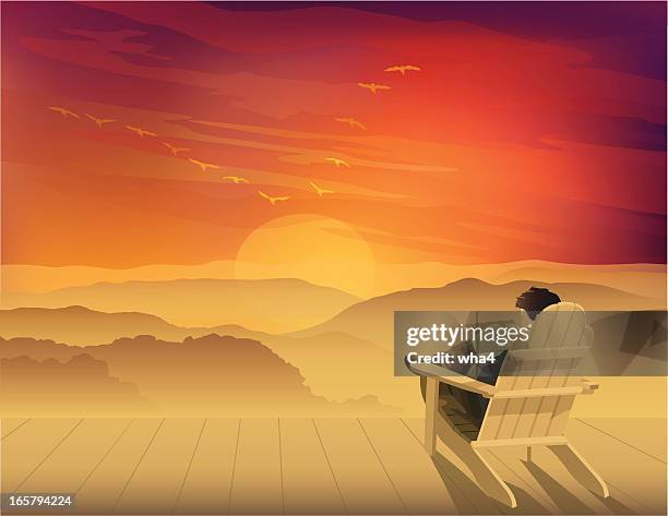 solitude at sunset - adirondack chair stock illustrations