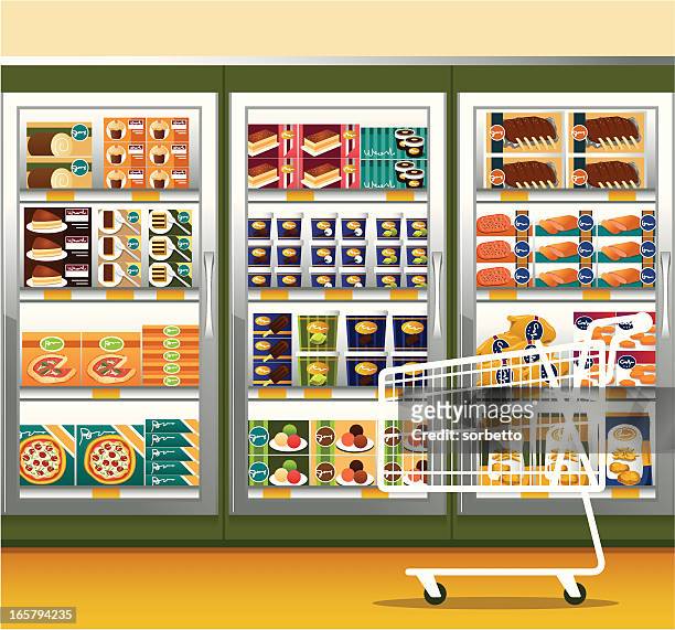ilustraciones, imágenes clip art, dibujos animados e iconos de stock de supermercado & cesta de compras - frozen food