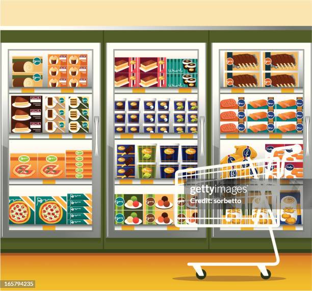 illustrazioni stock, clip art, cartoni animati e icone di tendenza di supermercato & carrello acquisti - surgelati