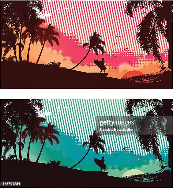 surfing day in tropical beach - cool temperature stock illustrations