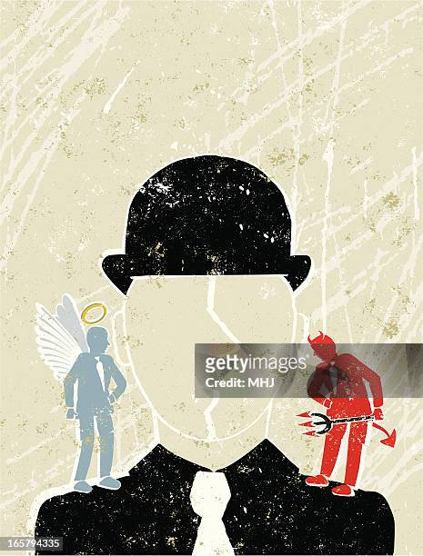 illustrations, cliparts, dessins animés et icônes de homme d'affaires avec l'ange et le diable sur ses épaules - chapeau melon