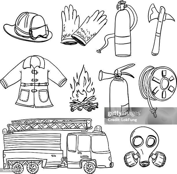 ilustraciones, imágenes clip art, dibujos animados e iconos de stock de fireman equipo en blanco y negro - mechanical drawing engine