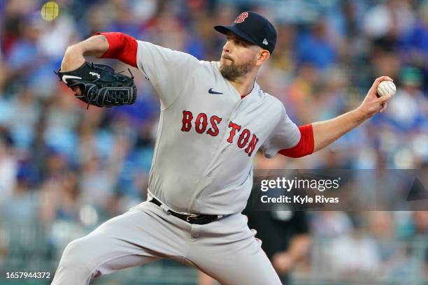 James Paxton of the Boston Red Sox pitches against the Kansas City Royals during the first inning at Kauffman Stadium on September 1, 2023 in Kansas...