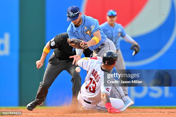 Second baseman Brandon Lowe of the Tampa Bay Rays bobbles the throw as Gabriel Arias of the Cleveland Guardians steals second during the fourth...