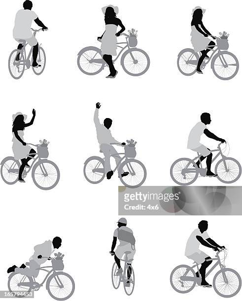 stockillustraties, clipart, cartoons en iconen met silhouette of people riding bicycle - fiets hoed