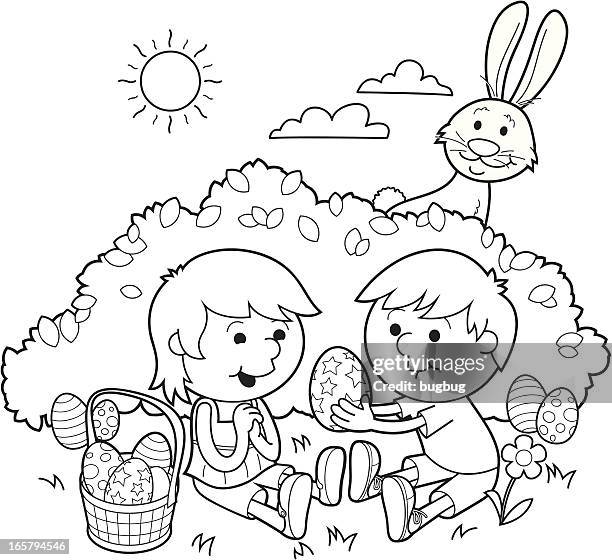 easter sharing – coloring in - coloring easter eggs stock illustrations