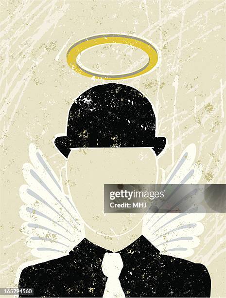 illustrations, cliparts, dessins animés et icônes de homme d'affaires avec le halo et ailes ange gardien - chapeau melon