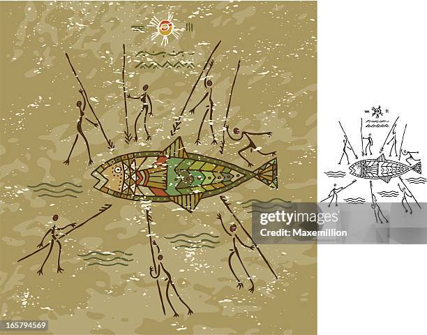 tribal fish hunt - woman spear fishing stock illustrations