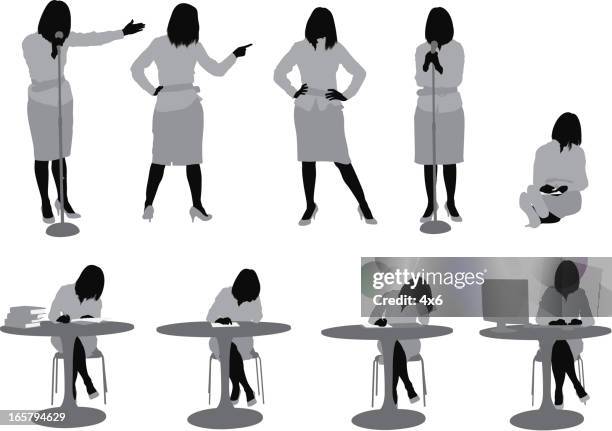 ilustrações de stock, clip art, desenhos animados e ícones de várias imagens de uma mulher em diferentes poses - business woman desk stand