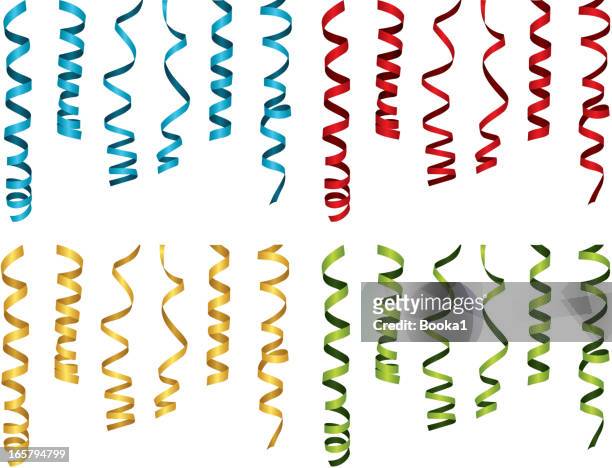 curled party ribbons in blue, red, yellow, and green - curled up stock illustrations