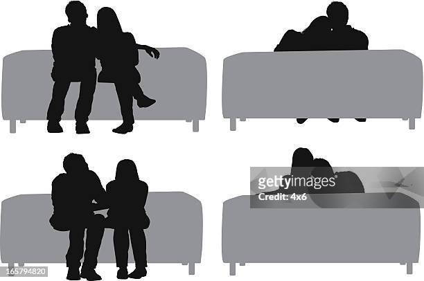 シルエットカップルのソファーに座って - 口を覆う点のイラスト素材／クリップアート素材／マンガ素材／アイコン素材