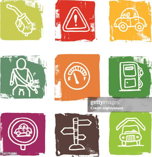 petrol gasoline and car related block icon set - fuel gauge stock illustrations