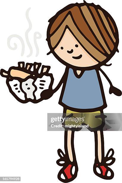stockillustraties, clipart, cartoons en iconen met boy holding fish and chips - fish and chips