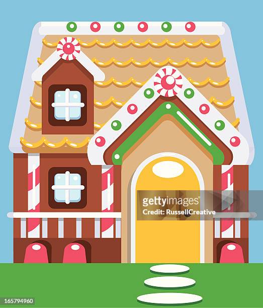 ilustraciones, imágenes clip art, dibujos animados e iconos de stock de casa de galleta de jengibre - gingerbread house