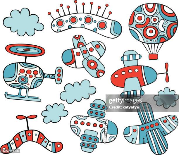 set of planes - parachute white background stock illustrations