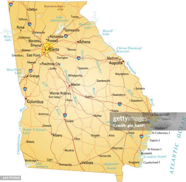 a yellow map of the state of georgia with cities marked - atlanta georgia map stock illustrations