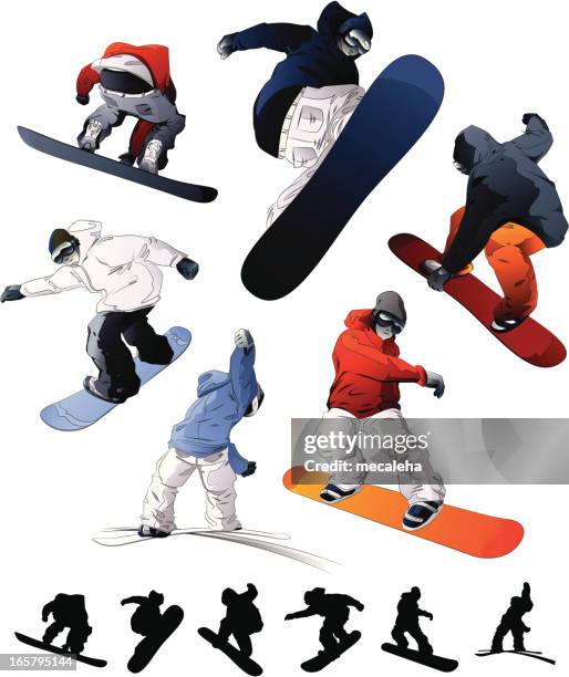 ilustraciones, imágenes clip art, dibujos animados e iconos de stock de juego de snowboard - snowboard