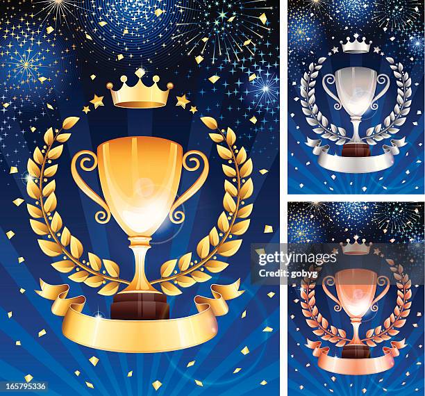 gold, silver and bronze trophy celebration - third place stock illustrations