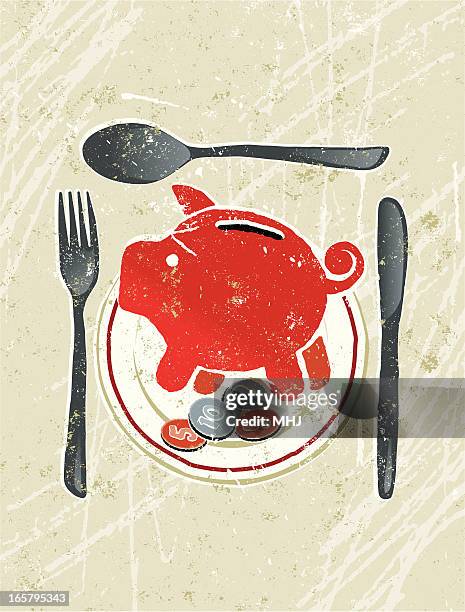 plate with piggy bank, coins, knife, fork and spoon - hungry stock illustrations