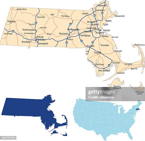 massachusetts road map - massachusetts outline stock illustrations