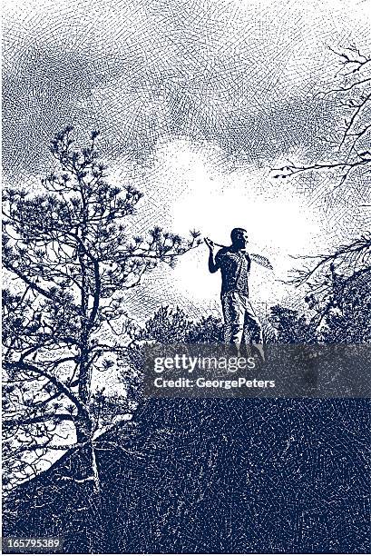 paddler standing on cliff - boundary waters canoe area stock illustrations