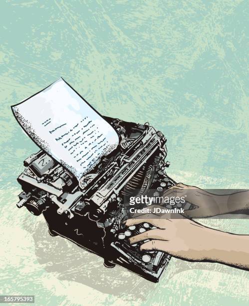 retro schreibmaschine mit brief und hände - author stock-grafiken, -clipart, -cartoons und -symbole