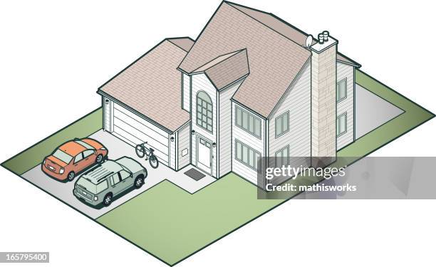 isometric suburban house - garage stock-grafiken, -clipart, -cartoons und -symbole