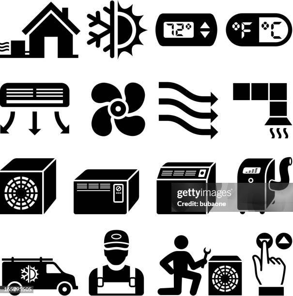 klimaanlage, heizung und kühlung & weißen icon-set schwarz - arbeiter winter stock-grafiken, -clipart, -cartoons und -symbole