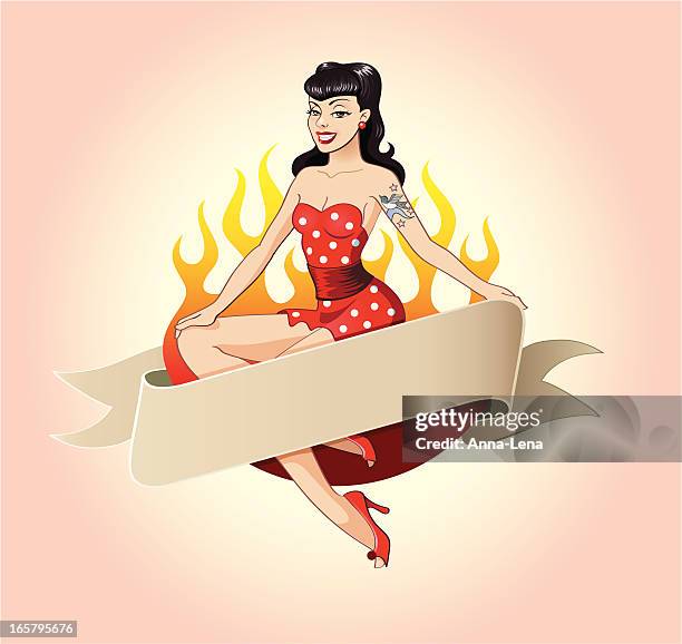 stockillustraties, clipart, cartoons en iconen met rockabilly banner - pin-up meisje