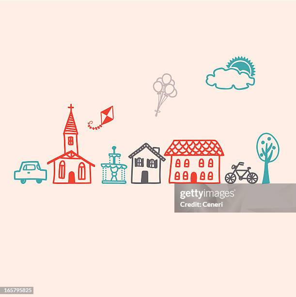 ilustraciones, imágenes clip art, dibujos animados e iconos de stock de conjunto de iconos de un pequeño pueblo de la ciudad - aldea