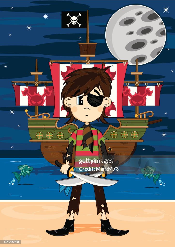 Cute Eyepatch Pirate and Ship Beach Scene