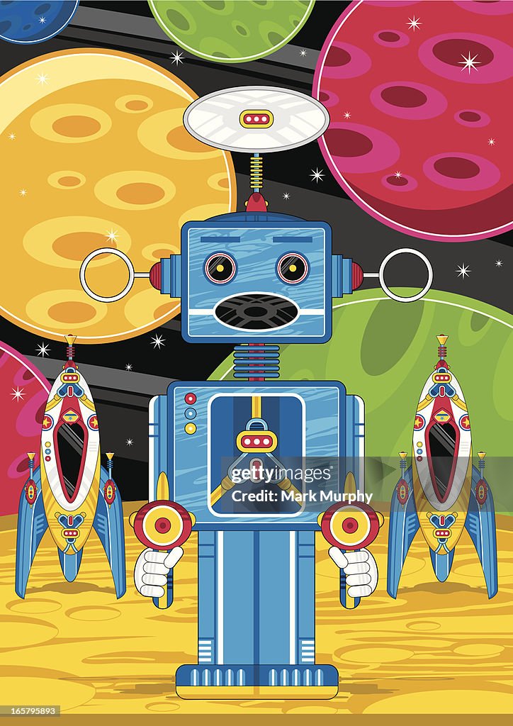 Robot Rocketship Robot Rocket Ships On Planet High-Res Vector Graphic - Getty Images
