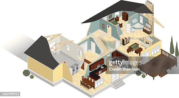 isometric house grundriss cut-away - explosionszeichnung stock-grafiken, -clipart, -cartoons und -symbole