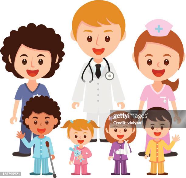 hospital team with children - doctor cartoon stock illustrations