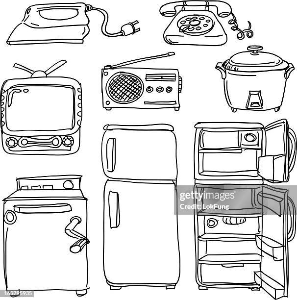 electrical appliances in sketch style - refrigerator stock illustrations