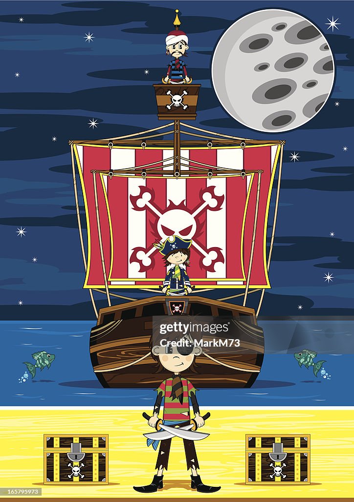 Cute Eyepatch Pirate and Ship Beach Scene