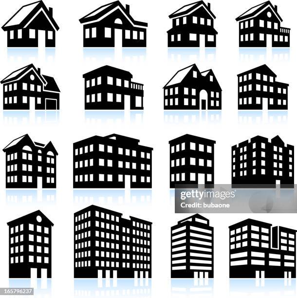 3d house and apartment icons black and white - cottage icon stock illustrations