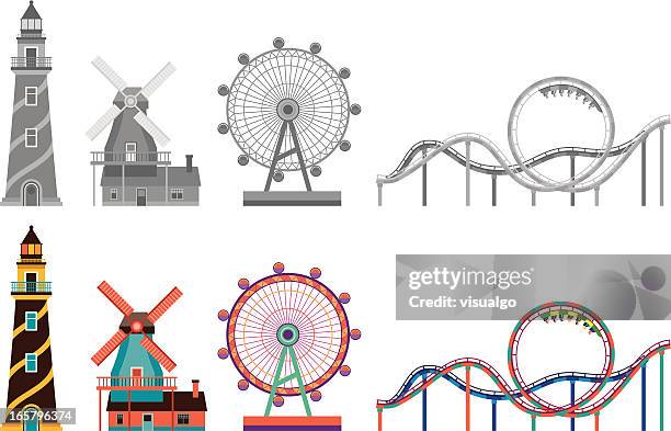 lighthouse,windmill,ferris wheel and roller coaster - big wheel stock illustrations