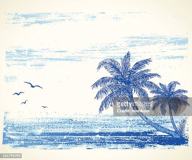 tropischen strand zeichnung - eiland stock-grafiken, -clipart, -cartoons und -symbole